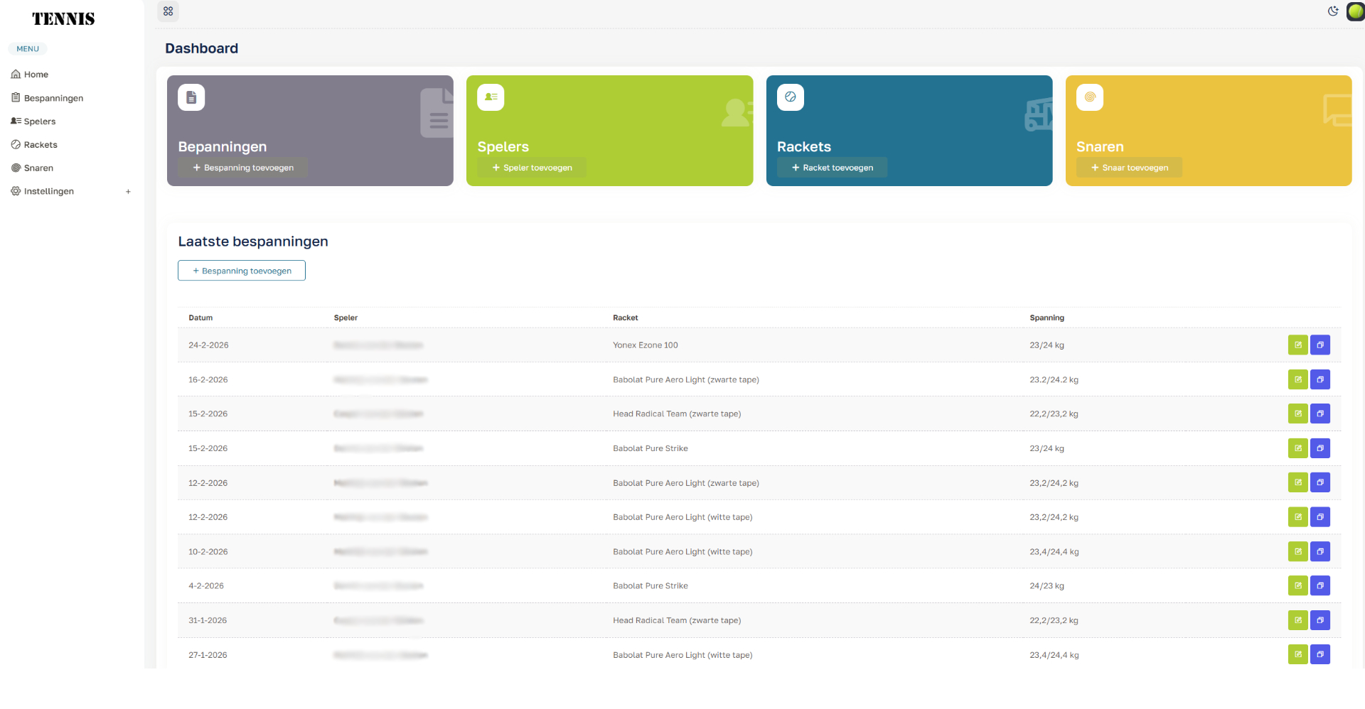 Bijhouden bespanningen van tennisrackets